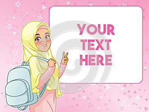 Muslim woman student cheerful holding backpack