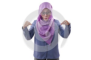 Muslim Woman Surprised and Pointing Down