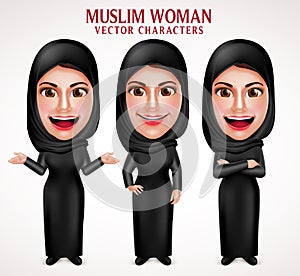 Muslim woman vector characters set wearing hijab black clothes