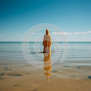A Muslim woman in a veil or veil walks along the beach near the ocean.
