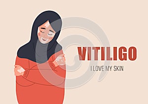 Muslim woman with vitiligo. Self care and self love. World vitiligo day. Skin disease. Girl with hijab hugging herself