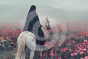 A muslim woman, wearing a black nikab, rides a white horse through a field of pink flowers