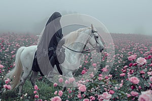 A muslim woman, wearing a black nikab, rides a white horse through a field of pink flowers