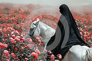 A muslim woman, wearing a black nikab, rides a white horse through a field of pink flowers