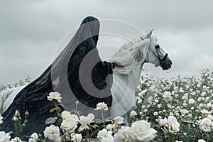 A muslim woman, wearing a black nikab, rides a white horse through a field of pink flowers