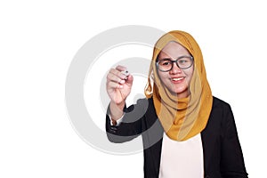 Muslim Woman Writing on Virtual Screen