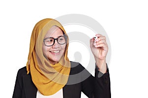 Muslim Woman Writing on Virtual Screen