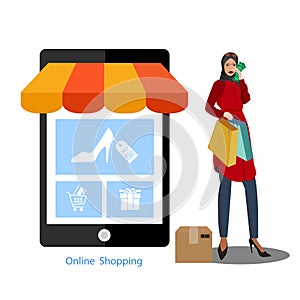 Muslim Women shopping online by smartphone Business and e-commerce concept illustration flat design