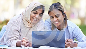 Muslim women, students or laptop for distance learning, education or research in park, garden or college campus. Smile