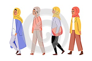 Muslim women walking in line vector illustration