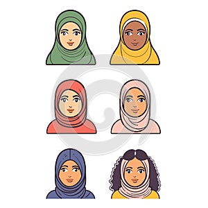Muslim women wearing colorful hijabs, smiling. Various skin tones, ethnicities represented photo
