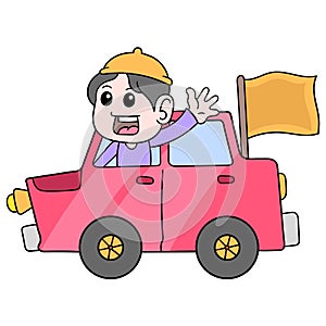 Muslim youths celebrating Eid al Fitr ride a car with a happy greeting, doodle icon image kawaii