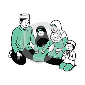 Muslims family praying in Ramadan, Hand drawn