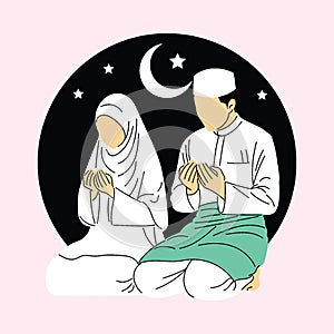 Muslims family praying in Ramadan, Hand drawn