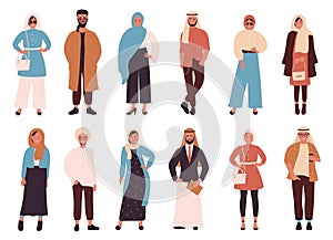 Muslims fashion cartoon set, Arabic fashionable modern clothes style for Muslim woman and man