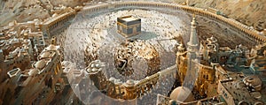 Muslims performing the hajj pilgrimage in Mecca circling the Kaaba amidst a sea of worshippers