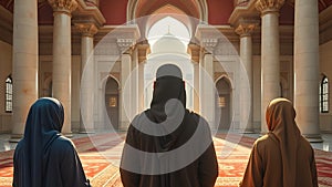 Muslims praying in front of the dome of the mosque