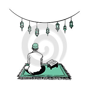 Muslims praying in Ramadan Kareem month. Hand drawn. Vector illustration