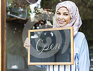 Muslin woman hijab opening coffee shop business startup