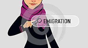 Muslin woman is writing EMIGRATION in search bar on virtual screen.