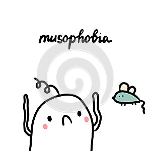 Musophobia hand drawn illustration with cute marshmallow and mouse
