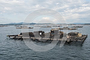 Mussel aquaculture rafts, batea, in Arousa estuary