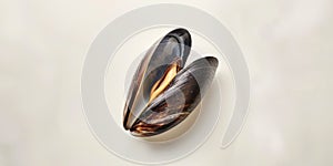 Mussel closeup on a light background with copy space