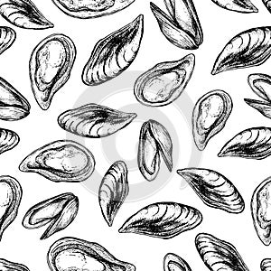 Mussel hand drawn vector seamless pattern. Engraved style vintage seafood. Oyster background