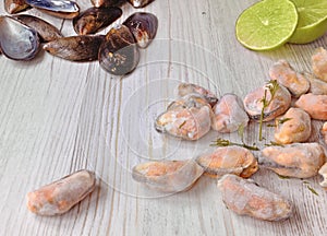 Mussel shells, frozen mussels, lime are on a wooden table