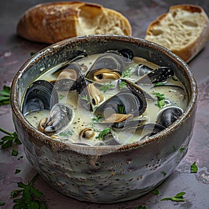 Mussel Soup, Clam Chowder, Shellfish Dinner With Clams, Seafood Meal Bowl, Mussel Soup