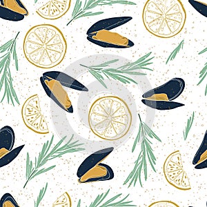 Mussels banner template on mustard background