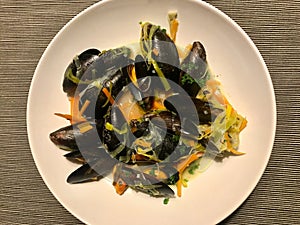 Mussels in the bowl with parsley branch