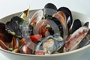 Mussels in the bowl in a white wine sauce