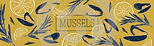 Mussels among the bubbles banner vector template for seafood restaurant or fishery product market.