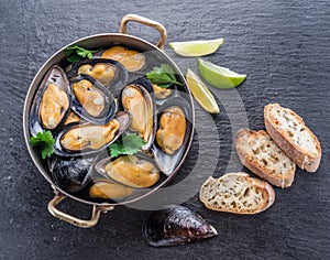 Mussels in copper pan on the graphite background.