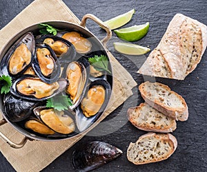 Mussels in copper pan on the graphite background.