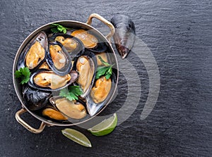 Mussels in copper pan on the graphite background. photo