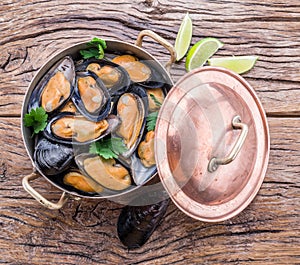 Mussels in copper pan on the wooden table.