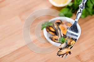 Mussels on a fork