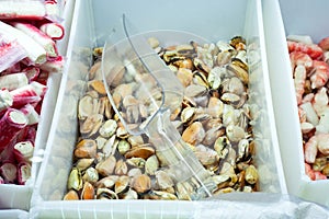 Mussels in fridges with seafood in the supermarket.