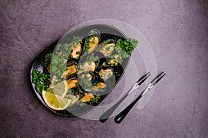 Mussels with green sauce photo