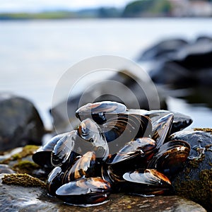 Mussels growing on beach rock on the sea shore