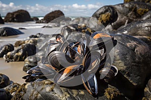 Mussels heap on sea rocks. Generate ai