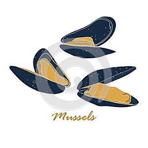 Mussels  illustration in flat style isolated on white background. Seafood colored concept. Fresh and organic product. Design