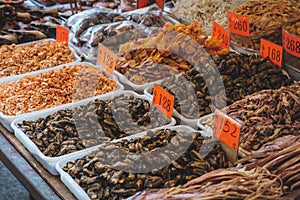 Mussels, shell and, shrimps and seafood for sale on market in Hongkong