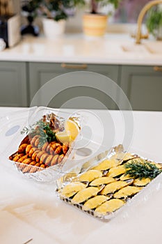 Mussels in shells and shrimps on kitchen table