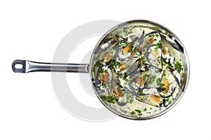 mussels cooked in cream sauce on a pan isolated on a white background, top view