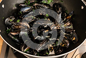 mussels steamed in pan