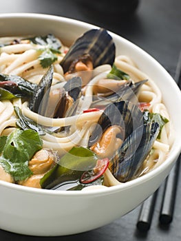 Mussels and Udon Noodles in Chili Soy Broth