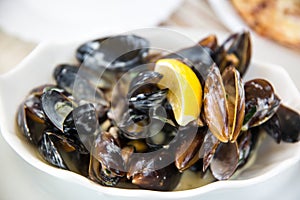 Mussels with white wine, creamy sauce and garlic. Mediteranean d